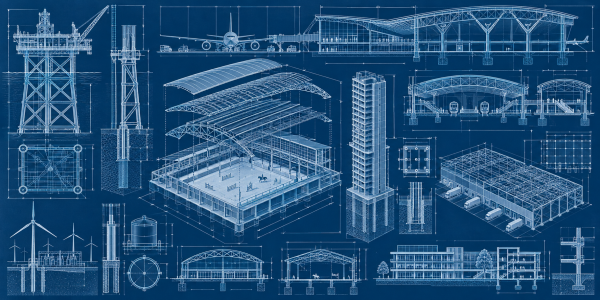 A sheet of blue-line structural drawings: sections and axonometrics of towers, halls and frames