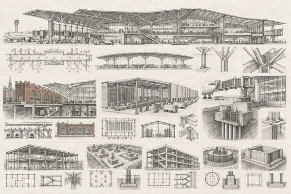 A sheet of pencil sections and axonometrics: a long-span hall, a tower, framed structures and foundation details